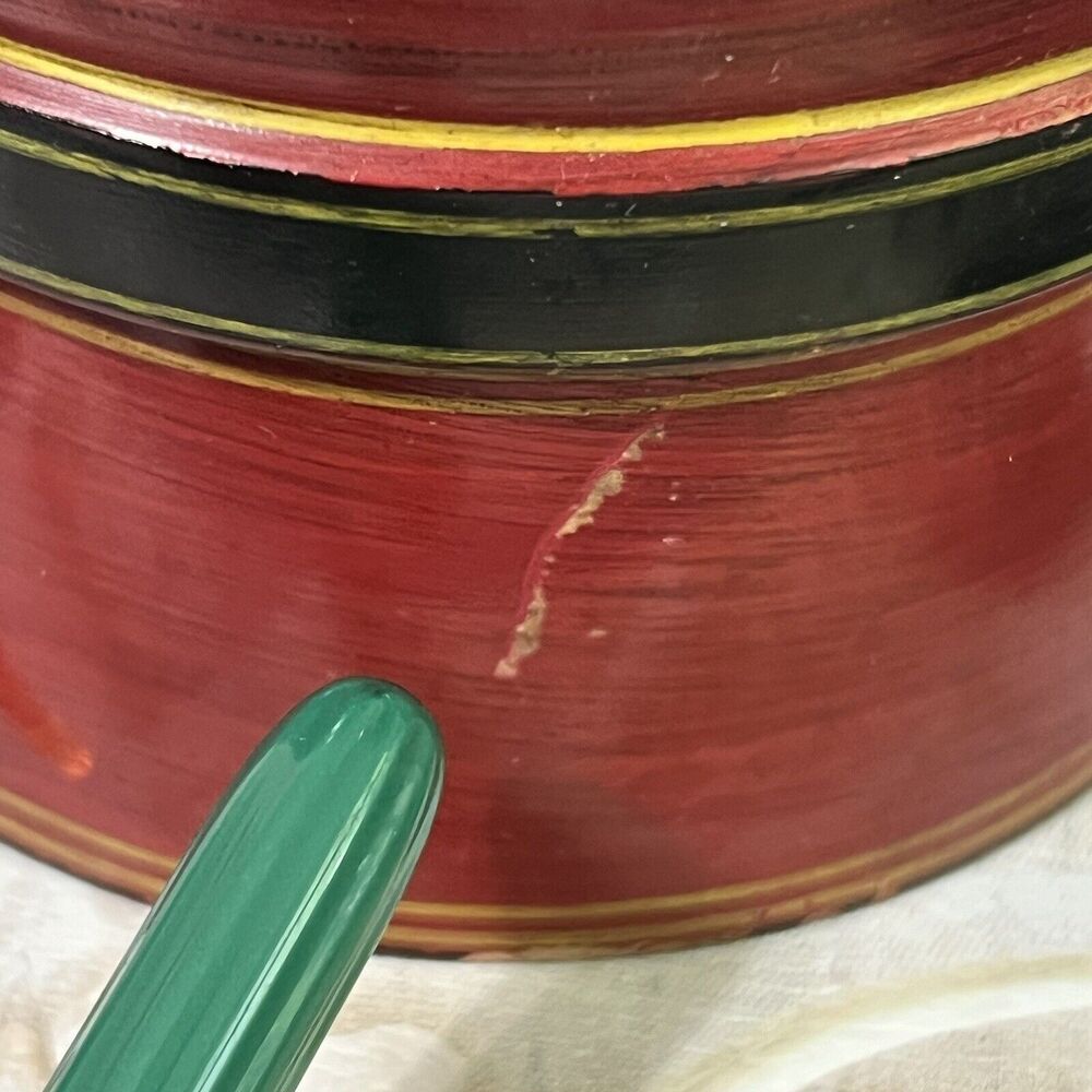 Vintage Wood Kumkum Lacquered Box Tika Powder Trinket Box Red Metal Pom Pom - Picture 14 of 17